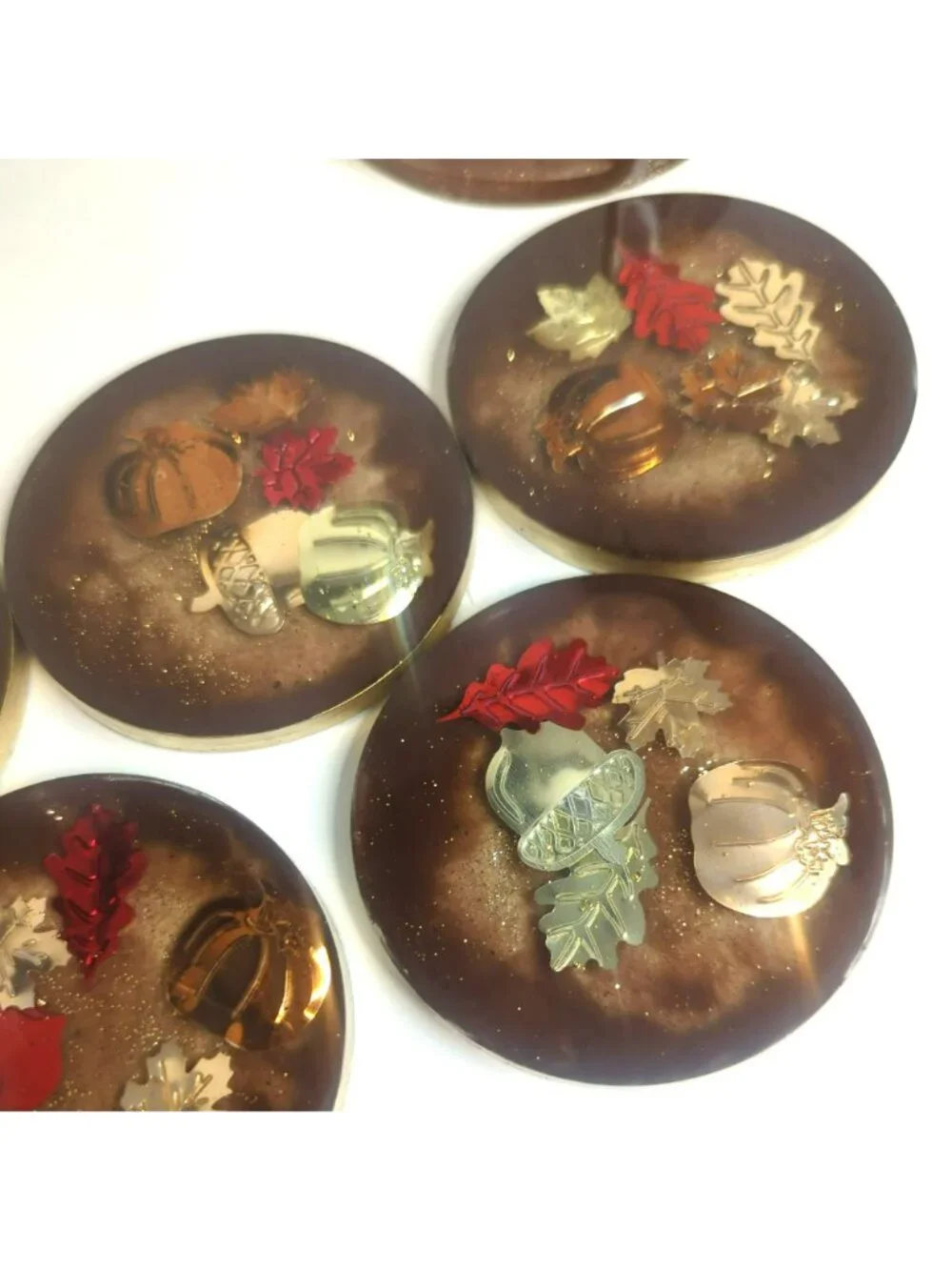 Handmade Resin Round Coaster Set With Holder Fall Autumn Themed Leaves Pumpkin